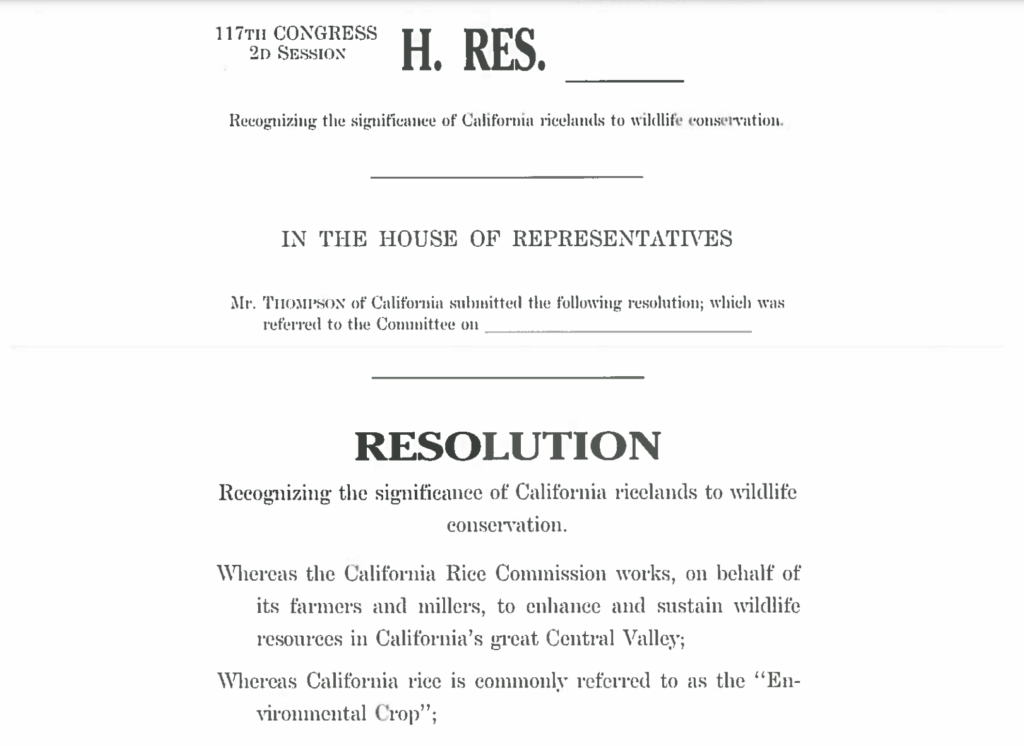 Congressman Recognizes CA Ricelands, Farmers and Millers